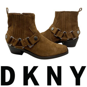 New DKNY Mina Western Harness Booties Ankle Boots Brown Suede Women's Sz 7 NWOB